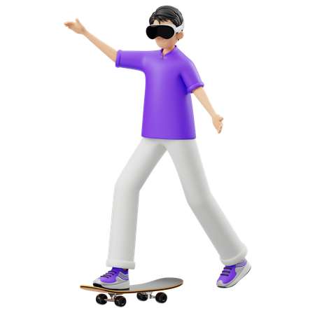 Virtueller Mann fährt in Wirklichkeit Skateboard  3D Illustration