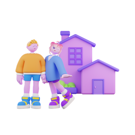 Un couple visite une maison de rêve  3D Illustration