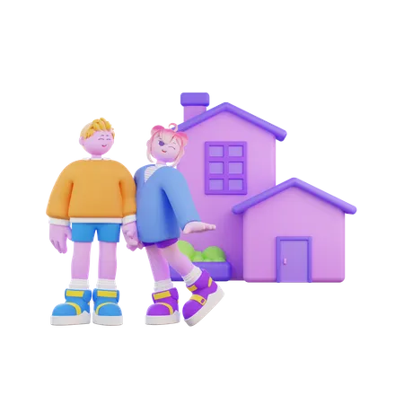 Un couple visite une maison de rêve  3D Illustration