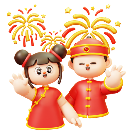 Enfants chinois saluant avec des feux d'artifice  3D Illustration