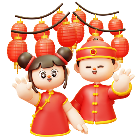 Enfants chinois saluant devant des lanternes  3D Illustration