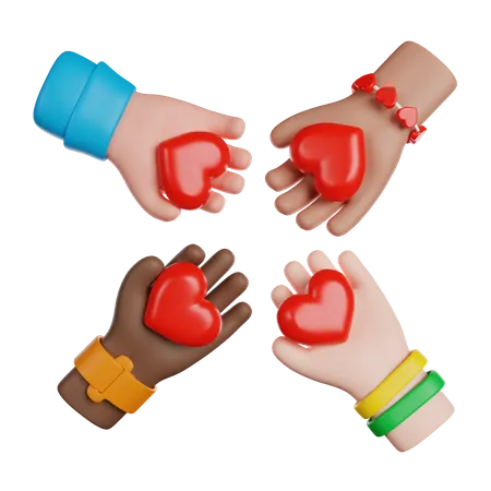 International Volunteer Day Group Of Volunteers Hands Holdind Hearts 3 D Render Icon 3D Icon