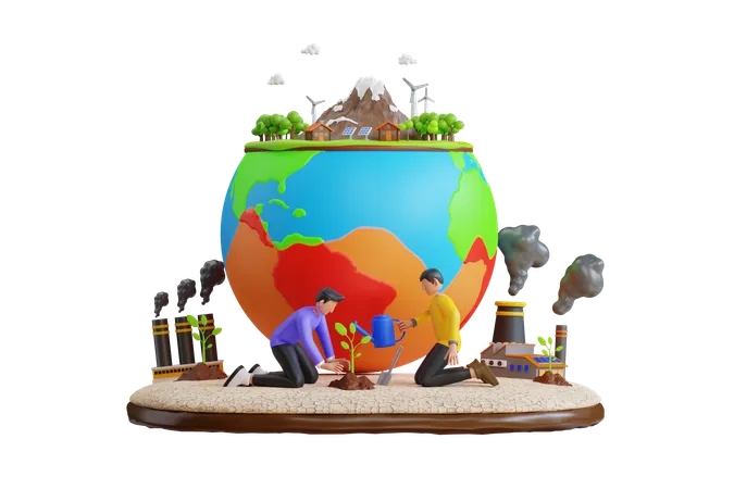 Protect The World From Pollution People Take Care About Planet Ecology Growing Plants And Choosing Renewable Resources 3 D Illustration 3D Illustration