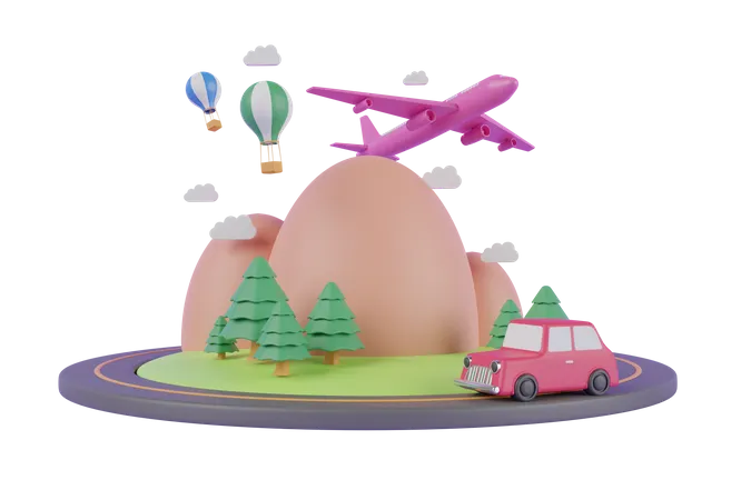 Vacances Avec Voiture Retro Voiture Retro Pleine De Choses Voyage En Avion Concept Creatif Un Avion De Conception 3 D Realiste Decolle Rendu 3 D 3D Illustration