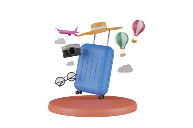 Concept De Vacances De Voyage Dete Valise Entouree De Montgolfieres Appareil Photo Lunettes Avion Et Montgolfieres Sur Un Podium 3 D 3D Illustration