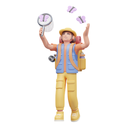 Voyageur attrapant des papillons  3D Illustration