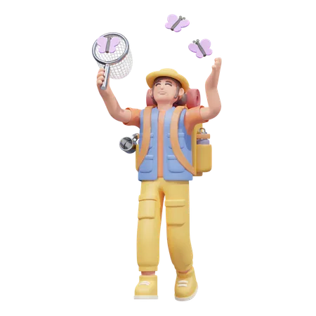 Voyageur attrapant des papillons  3D Illustration