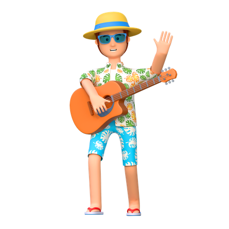 Voyageur jouant de la guitare  3D Illustration