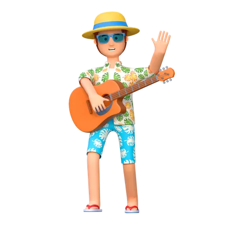 Voyageur jouant de la guitare  3D Illustration