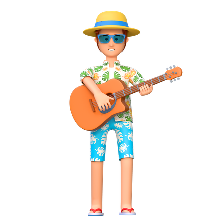 Voyageur jouant de la guitare  3D Illustration