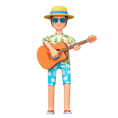 Voyageur jouant de la guitare  3D Illustration