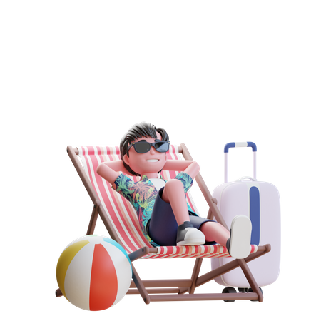Voyageur relaxant sur une chaise de plage  3D Illustration