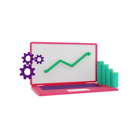 Vue du graphique d'investissement sur la pièce d'un dollar d'ordinateur portable en croissance  3D Illustration