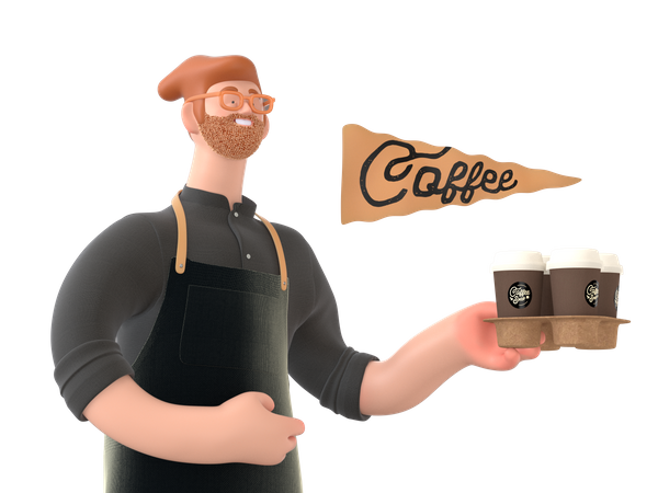 Waiter going to serve coffee  3D Illustration