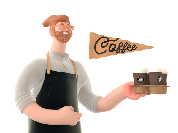 Waiter going to serve coffee  3D Icon