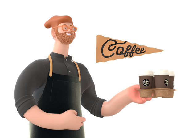 Waiter going to serve coffee  3D Icon