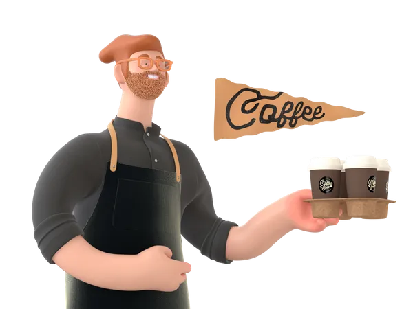 Waiter going to serve coffee  3D Illustration