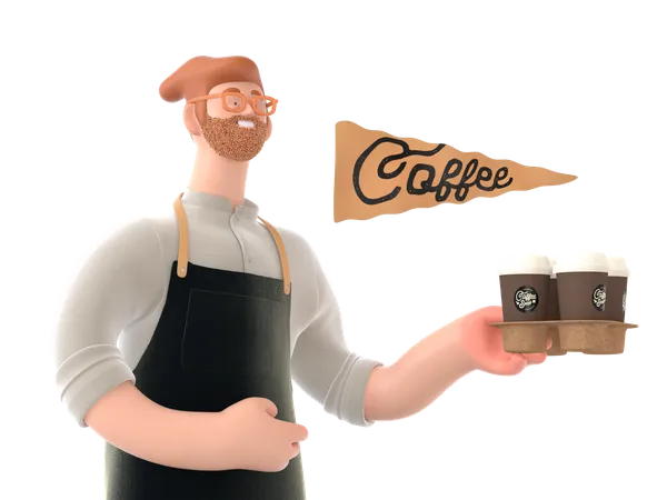 Waiter going to serve coffee  3D Illustration