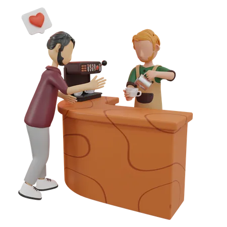 Waiter serving coffee to customer  3D Illustration