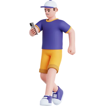 Walking and playing smartphone  3D Illustration