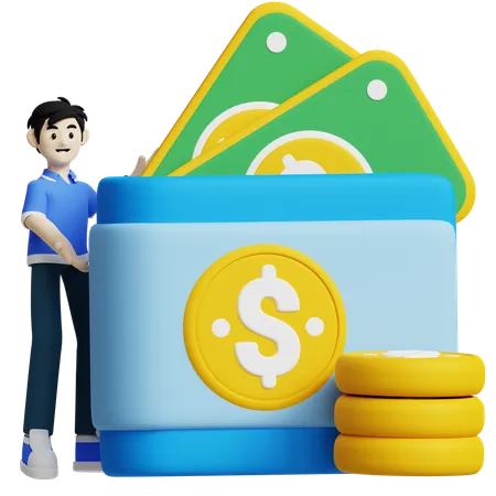 This 3 D Icon Shows A Person Standing Next To A Large Wallet With Dollar Bills And Coins Representing Money Management And Financial Services 3D Icon