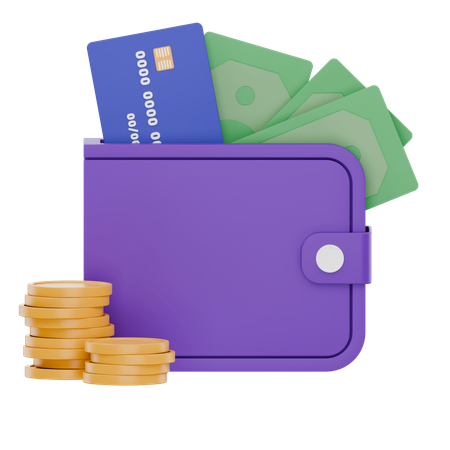 Wallet With Cash Credit Card And Coins  3D Icon