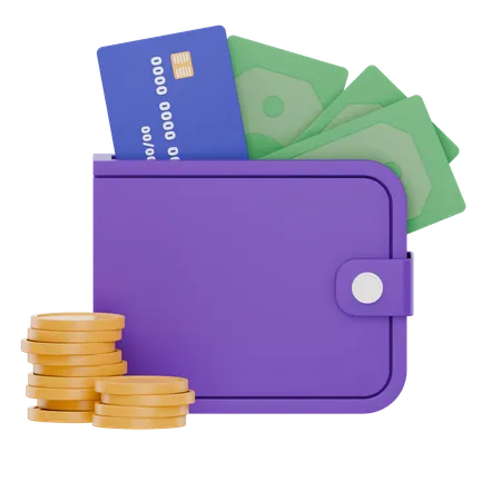 Wallet With Cash Credit Card And Coins  3D Icon