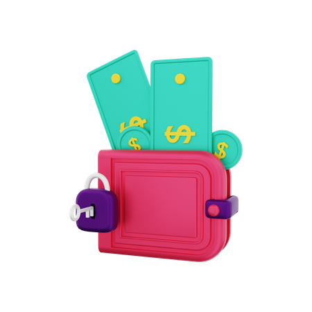 Wallet with lock protection where to keep money 3D Illustration