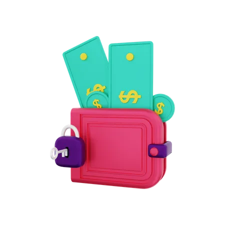 Wallet with lock protection where to keep money  3D Illustration