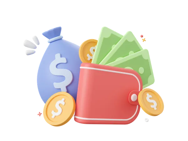 3 D Cartoon Design Illustration Of Wallet With Dollar Coin And Banknote Money Savings Concept 3D Icon