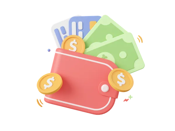 3 D Cartoon Design Illustration Of Wallet With Credit Cards Dollar Coin And Banknote Money Savings Concept 3D Icon
