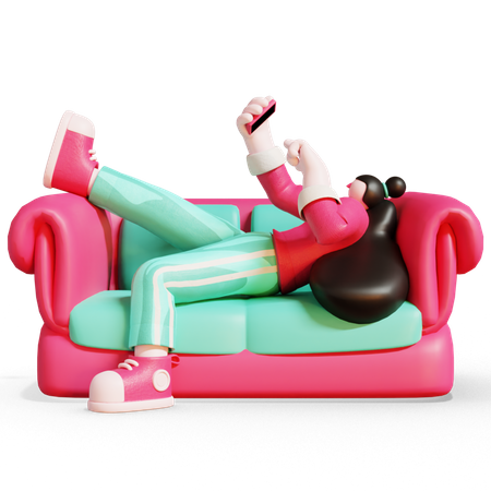 Waman checking her phone while sitting on sofa  3D Illustration