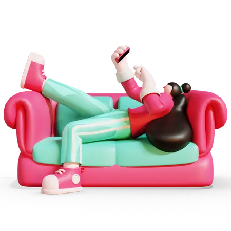 Waman checking her phone while sitting on sofa  3D Illustration