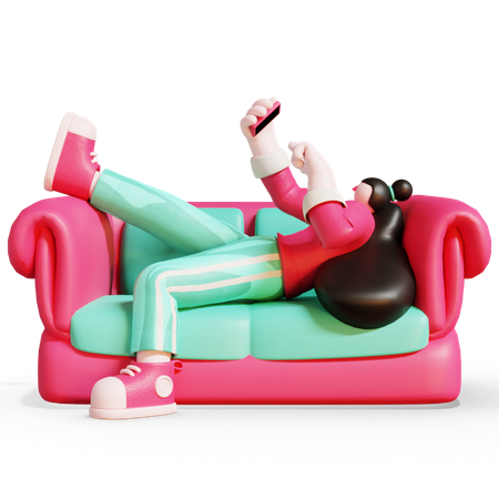 Waman checking her phone while sitting on sofa 3D Illustration