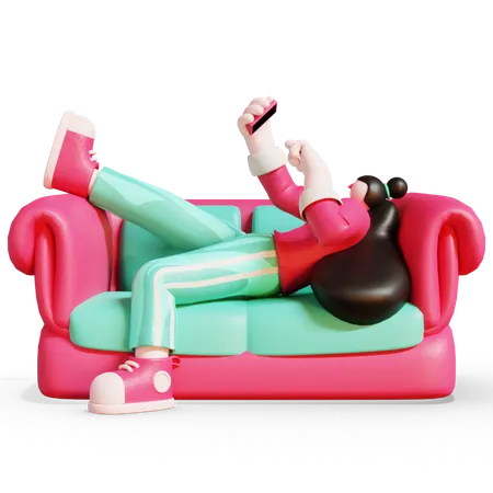 Waman checking her phone while sitting on sofa 3D Illustration