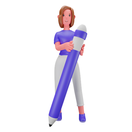 Woman holding big pencil 3D Illustration