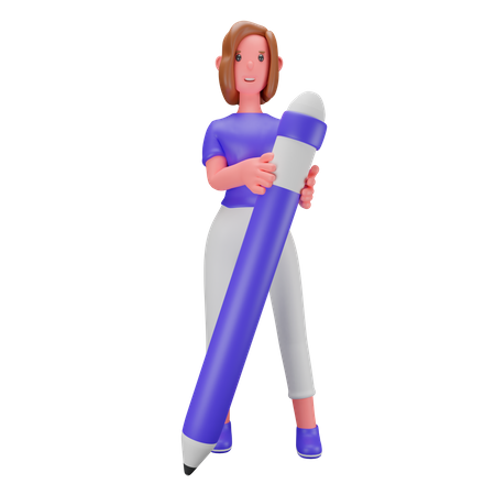 Mulher segurando um lápis grande  3D Illustration