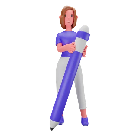Mulher segurando um lápis grande  3D Illustration