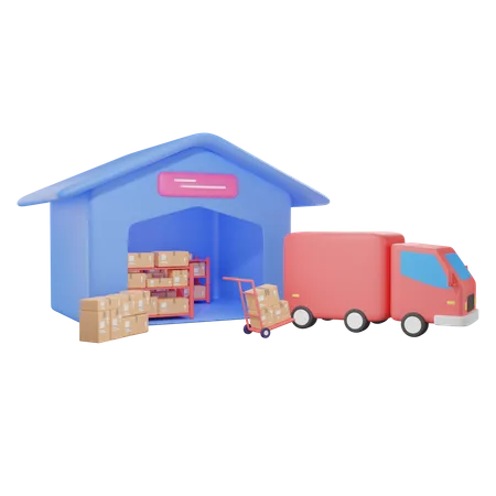 3 D Illustration Of Delivery Truck Standing Warehouse 3D Illustration