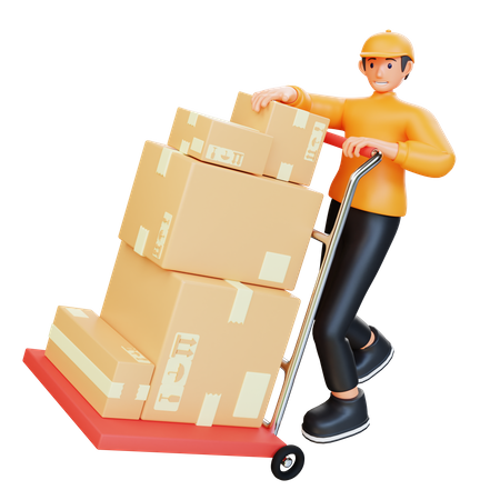 Warehouse worker holding package dolly  3D Illustration