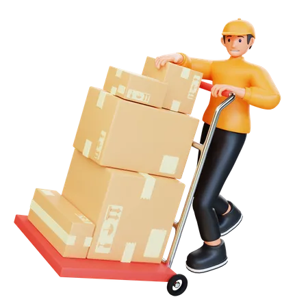 Warehouse worker holding package dolly  3D Illustration