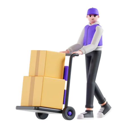 Warehouse worker holding package dolly  3D Illustration