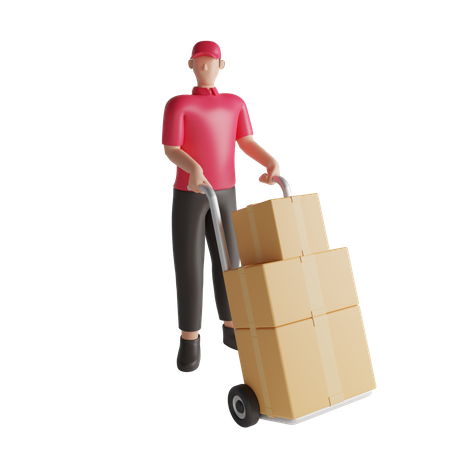 Warehouse worker holding package dolly  3D Illustration