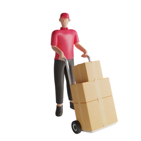 Warehouse worker holding package dolly  3D Illustration