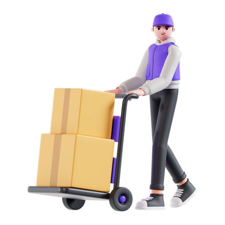 Warehouse worker holding package dolly  3D Illustration