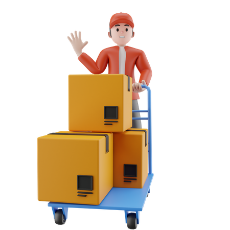 Warehouse worker holds a trolley box say hello  3D Illustration