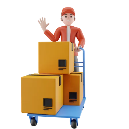 Warehouse worker holds a trolley box say hello  3D Illustration