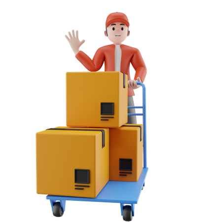 Warehouse worker holds a trolley box say hello 3D Illustration