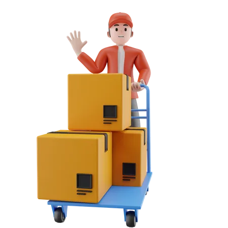 Warehouse worker holds a trolley box say hello 3D Illustration
