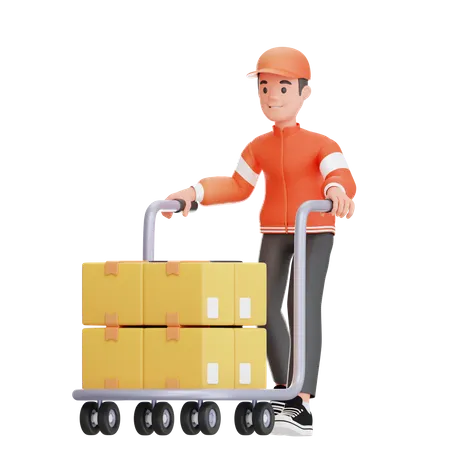 Warehouse worker transporting packages  3D Illustration